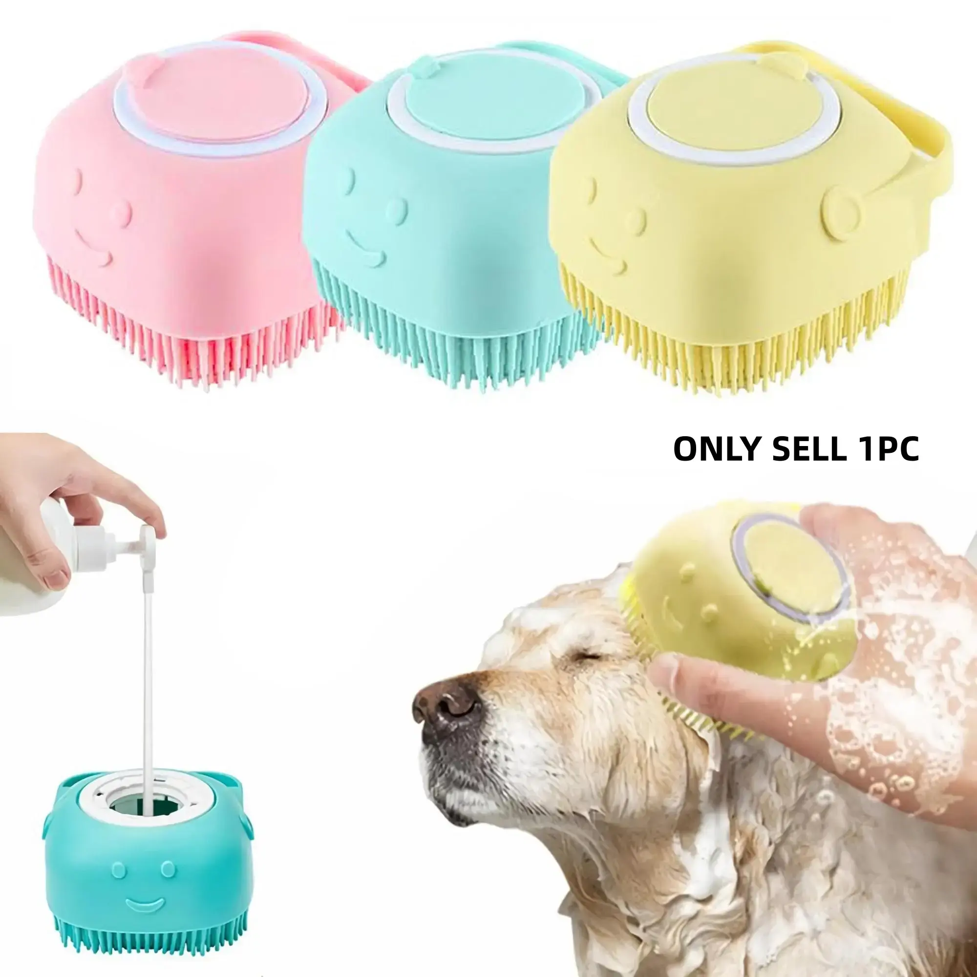 2-Pack Handheld Compact Pet Shampoo Brush - Silicone Massage Bath Comb with Shampoo Storage, Clean Home Bathroom Soap Dispenser Grooming Tool