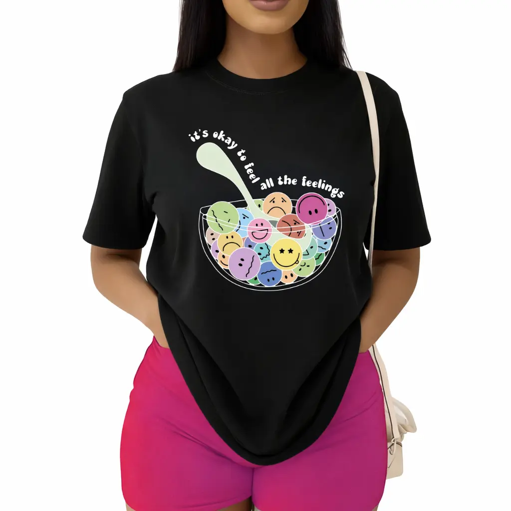 Oversized crew neck t shirt colorful mood face bowl spoon mental health quote graphic loose fit short sleeve women counselor daily wear tee