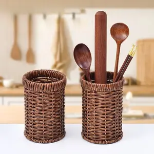Rattan Style Cutlery Storage Basket, Draining Kitchen Utensil Holder, Chopstick Organizer Box, Elegant Home Kitchen Accessory