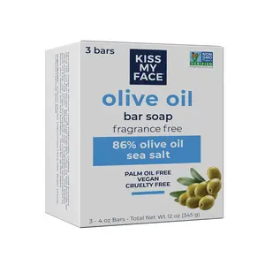 Kiss My Face Olive Oil Fragrance Free Bar Soap, Moisturizing Bar Soap, Cruelty Free Vegan Soap, Palm Oil Free, 4 Oz - 3 Count (Pack of 1) Body Care Nourishing