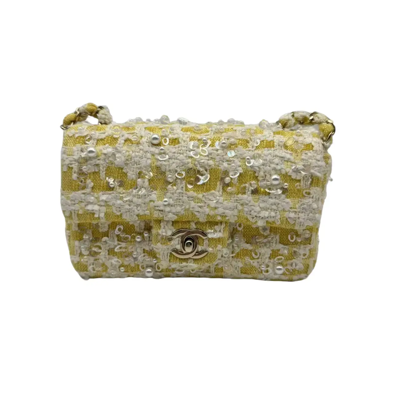 Pre-owned CHANEL HZ8 Spring/Summer 2018 Runway Mini Classic Flap Bag in Yellow and White Tweed with Pearls and Sequins 70545