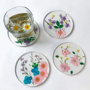 Drink Coasters Flower Cup Mat-Epoxy  Coasters with Colorful  Floral  Round Kitchen Utensils for Dining Cups (Set of 4) (4, BD0001)