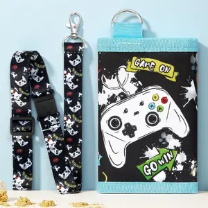 L-P03    Video Game Wallet for Kids & Teens with Lanyard - Zippered Tri-Fold Compact Purse with Coin Pocket & Card Holders | Gaming Themed Gift for Boys
