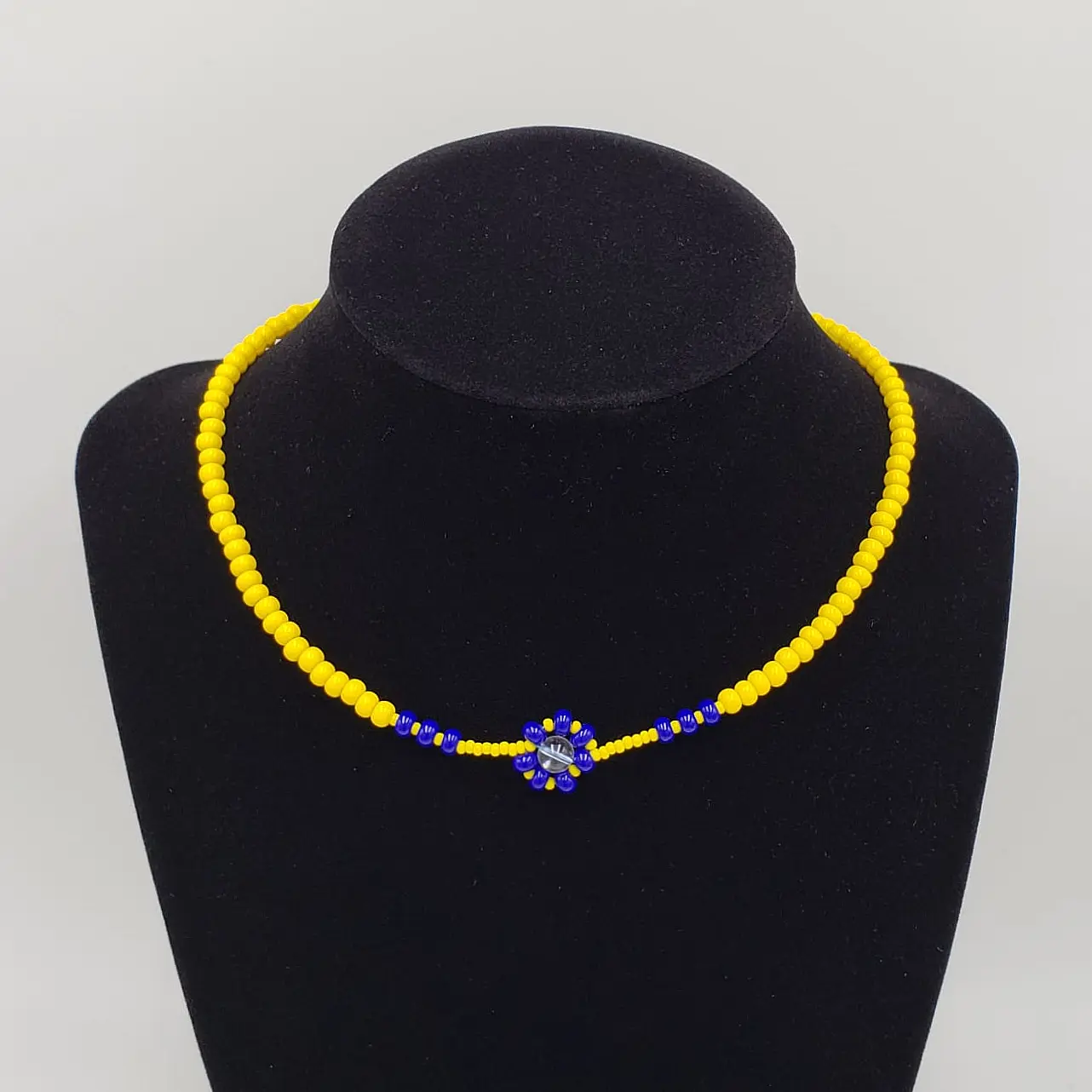 Yellow Daisy Chain Necklace with Czech Glass Seed Bead and Clear Quartz, Handmade Jewelry.