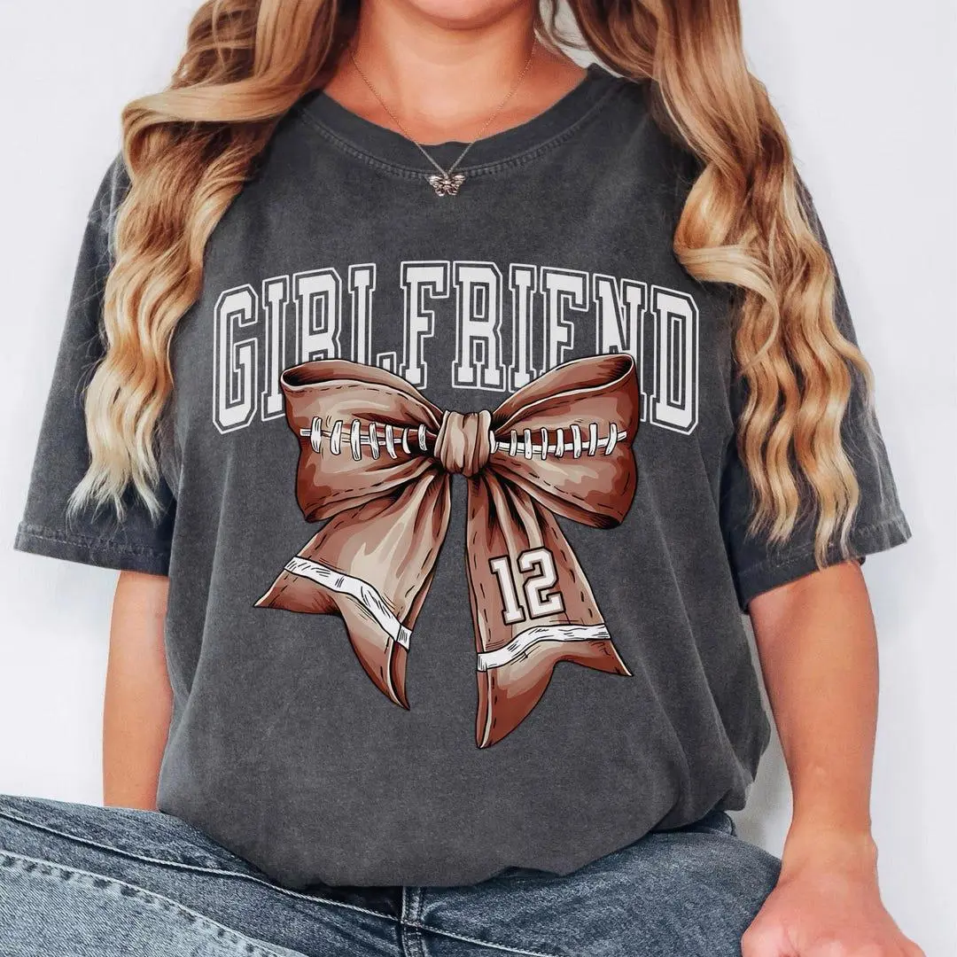 Custom Football Girlfriend Shirt Personalized Football Shirt Game Day Football Gift Player Number Bow Comfort Colors Tee For Girlfriend Cute