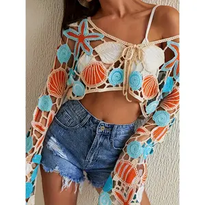 Beach Seaside Women'S Crochet Crop Top Drawstring Blouse Fashion Bohemian Cover-Up Sexy Beachwear Starfish Shell T-Shirt