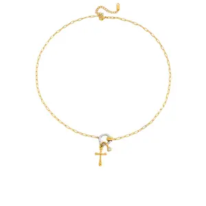 Mixed Metal Cross with Tiny Diamond Charm Necklace