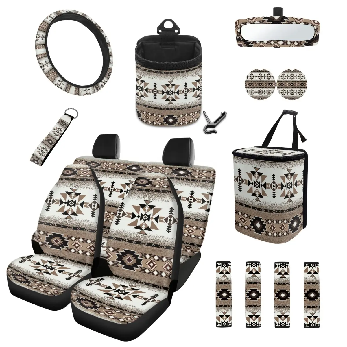 Western Aztec Holiday Festival Home Decor Car Seat Covers Full Set 14Pcs, Elastic Non-Slip Auto Interior Ornament Kit with Steering Wheel Cover, Coasters, Safety Pads, Garbage Bag & Keychain, Holiday Decor Gift for Men Women