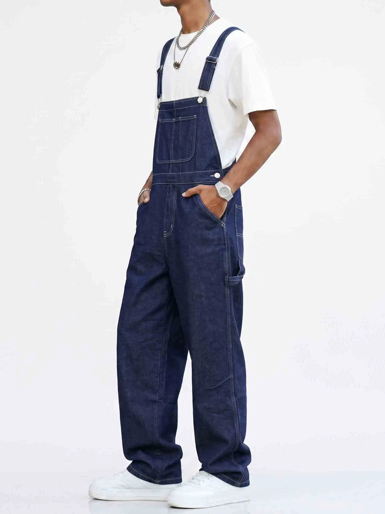 Men's 100% Cotton Retro Baggy Denim Bib Overalls - Dark Wash, Wide Leg, Multi-Pocket, Adjustable Strap, Short Sleeve, All Seasons Casual Street Style Workwear Menswear