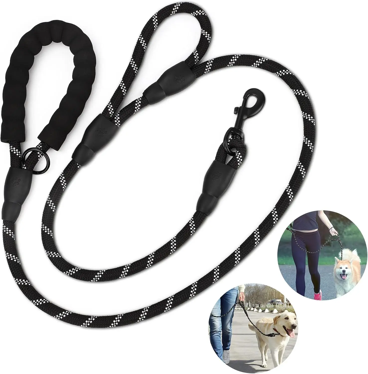 Heavy Duty Nylon Jogging Dog Lead - 5FT Double Handle with Reflective Thread, 360° Swivel Metal Clasp, Soft Sponge Padded Grip - Durable Training Leash for Medium to Large Pulling Dogs (Night Safety Walking Gear)