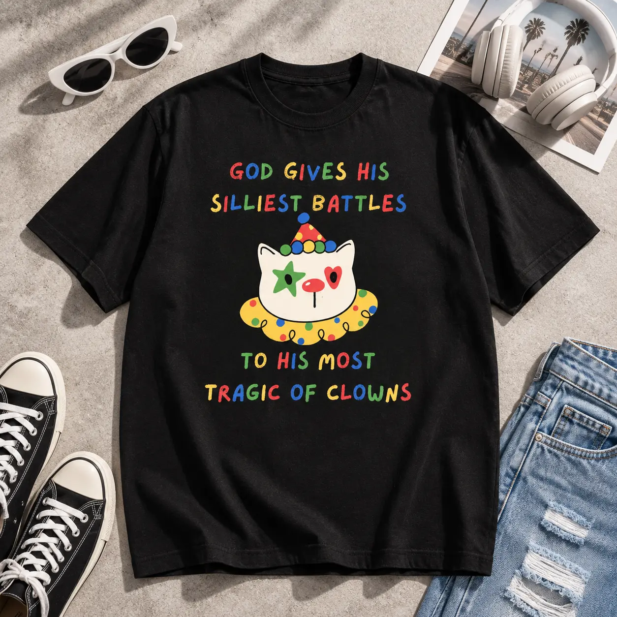 Men's Oversized Short-Sleeve Clowncore T-Shirt - Kidcore Weird Core Apparel, Cat-Themed Gift for Clown Lovers, Extra Long Plus Size Unhinged Leisure Tee