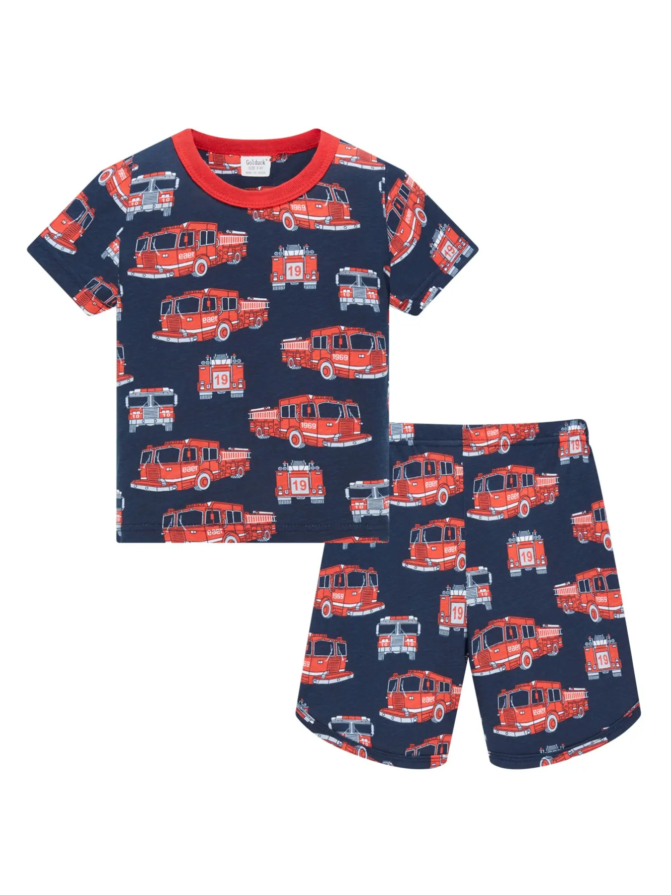 Boys' Summer Casual Sleepwear Set, Short Sleeve & Shorts, Fire Truck Design, Comfortable Cotton Fabric, Soft Breathable Pjs, Pajama Set, Ideal for Home & Travel