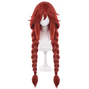 Anime Blood Red Long Straight Cosplay Wig with Bangs 90cm/35in Two BIG Braids Women In AKUTA Style Ri Yo Heat-Resistant Fiber Wig Halloween,Christmas,Comic Con,Party