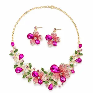 European and American floral necklace and earring set, colorful crystal gemstone jewelry for dresses, bridal parties, and women's accessories，  rhinestone Enamel Durable Fuchsia Lightweight Dramatic