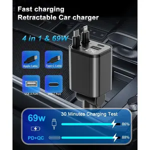 4 in 1 Retractable Car Charger,Super Fast Charging Car Chargers ，with 2 Retractable Cords and 2 UBS Port, Car Adapter for iPhone Lighting PortAnd For Android Type-C Port, Support PD/SCP/AFC/MTTK protocol, 30W fast charging, mobile phone charging cable,