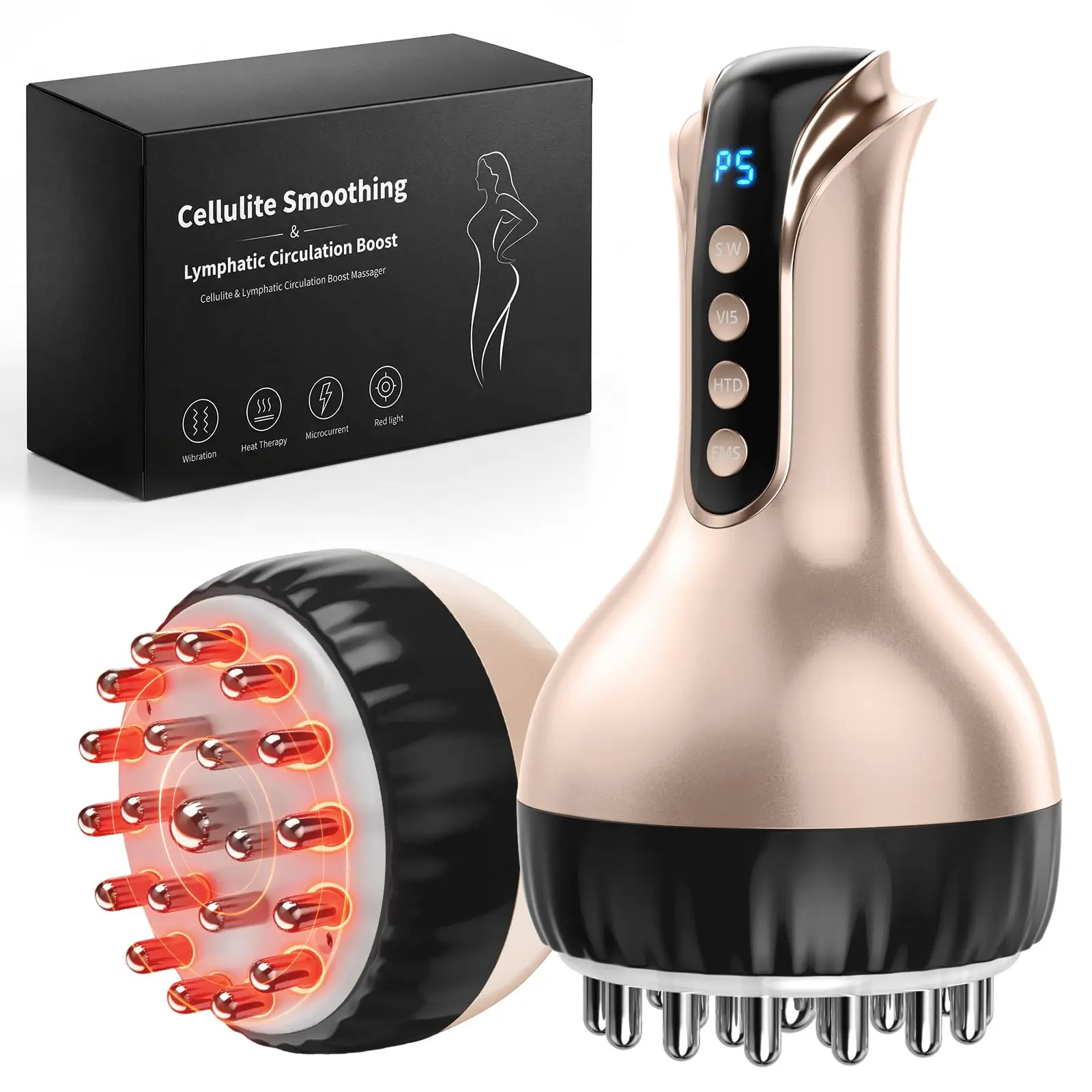 Handheld Lymphatic Drainage Massager - Electric Body Massage Tool with Gentle Heat, Vibration, Batteries for Arms, Legs, Stomach, White