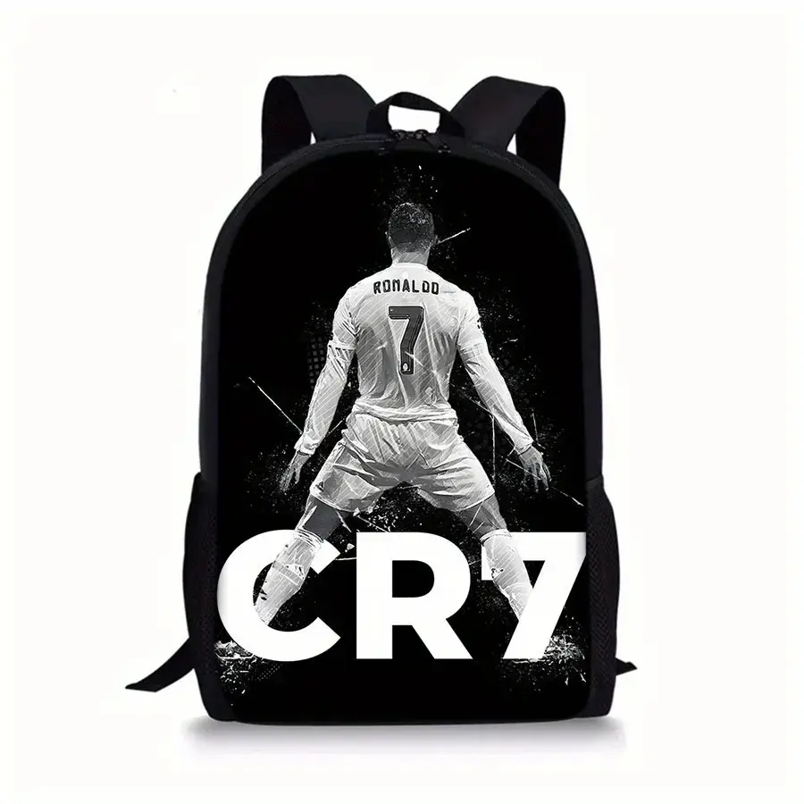 Football CR7 Ronaldo Graphic Backpack - Lightweight Durable PVC, Adjustable Straps, Zipper Closure, Black & White Dynamic Print, Sports Casual Use for Teens
