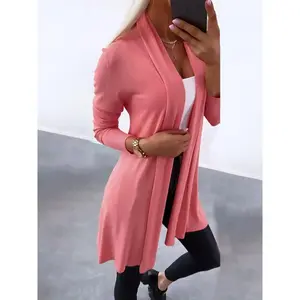 Women's Solid Color Shawl Collar Open Front Cardigan, Casual Long Sleeve Knitwear for Spring & Fall, Fashion Women's Knit Clothing for Daily Wear