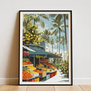 Honolulu Hawaii Travel Poster Tropical Market Art Print Hawaiian Vacation Wall Decor Island Lifestyle Art Colorful Fruit Stand Poster