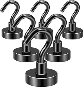 Black Magnetic Hooks, 50 LB Heavy Duty Magnet with Hooks, 6 Packs Strong Rare Earth Neodymium Magnet Hooks for Hanging, Magnetic Hanger for Curtain, Home, Kitchen, Workplace Organiser Decorative Lightweight Tool Iron Metal