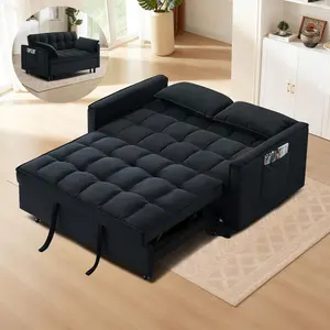 3 in 1 Convertible Sleeper Sofa Bed, Modern Velvet Loveseat Pull-Out Couch w/Pullout Bed, Small Love Seat Lounge Sofa w/Reclining Backrest,Toss Pillows, Pockets, for Living Room(Black)