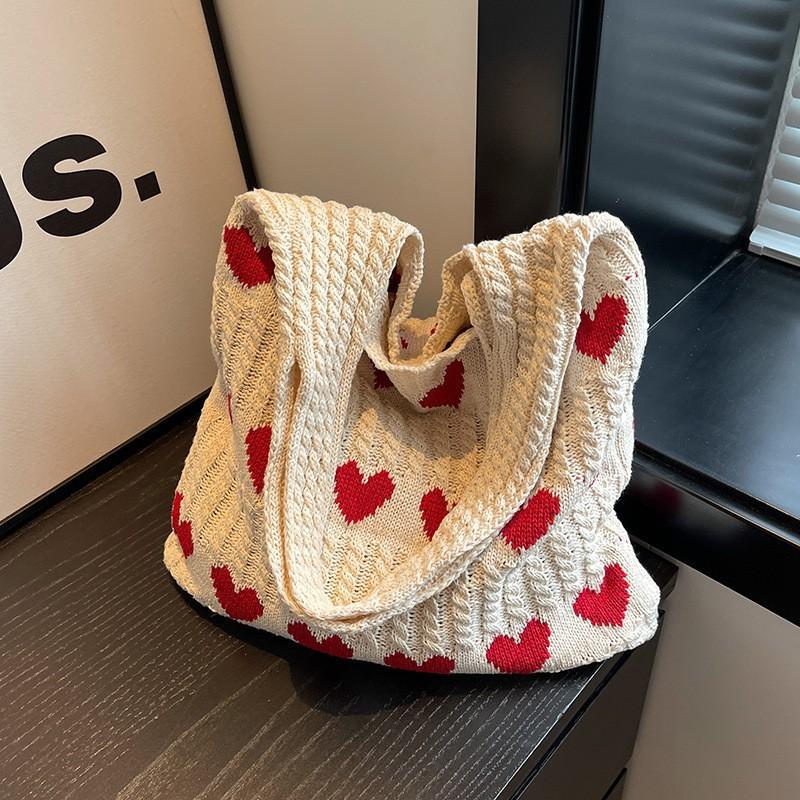 Fashionable Women's Handbags, Love Heart Pattern Crochet Shoulder Bags, Soft Knitted Handbags with Sweet Weaving Details, Daily Casual Accessories, Perfect for Dating, Shopping and Traveling