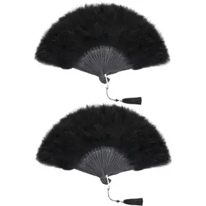 2PCS Marabou Black Feather Fans - Renaissance Fan,Rave Fan,Hand Fan Foldable,Marabou Feather Fans for 1920s Gatsby Party,Clothing Accessories and Party Decorations