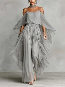 Women's Elegant 2 Piece Chiffon Pant Suit Set - Cold Shoulder Draped Top & Flowy Wide Leg Palazzo Pants Wedding Guest Outfit