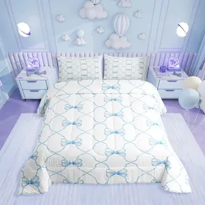 Feelyou Blue Bow Comforter Set - Bowknot Design Blanket, Multi-Size Geometric Check Tie-Down Duvet, Watercolor Blue-White Soft Breathable Bedding, Travel-Friendly Kawaii Princess-Themed Soft Comfy Blanket