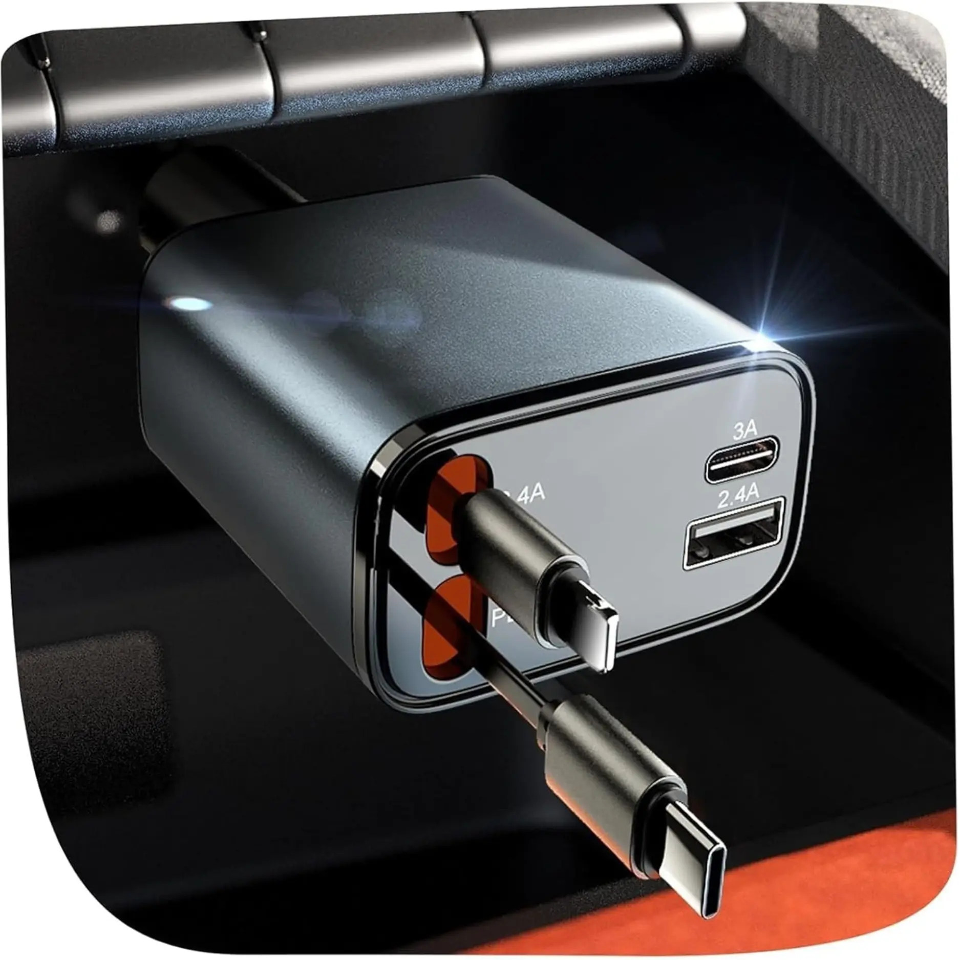 84W Retractable USB-C Car Charger - 4-in-1 Fast Charger with Cigarette Lighter Adapter, Lightning Compatibility for iPhone, Android Devices
