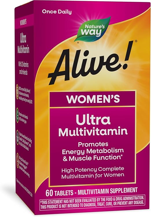 Nature's Way Alive! Women's Daily Ultra Multivitamin, High Potency Formula, Promotes Energy Metabolism and Muscle Function*, with Methylated B12, 60 Tablets (Packaging May Vary) Nature's Way Alive! Women's Daily Ultra Multivitamin, High Potency Formula, Promotes Energy Metabolism and Muscle Function*, with Methylated B12, 60 Tablets (Packaging May Vary)