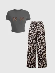 Autumn Winter New Round Neck Short Leopard Print Bowknot Slim Fit T-Shirt, Belted Straight Leg Wide Leg Pants Set, Spring Summer