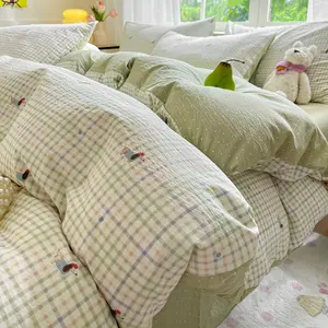 3/4pcs Wrinkled Mesh Bedding Set, Cute Bear Print, Twin Full Queen Sizes, Soft Breathable Fabric, Ideal Gift for Dorms & Bedrooms, Bed Sheet Sets