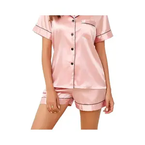 Womens Silk Pajamas, Short Sleeve Satin 2 Piece Pj Sets Button-Down Sleepwear Loungewear Pjs Shorts Set S-XXL