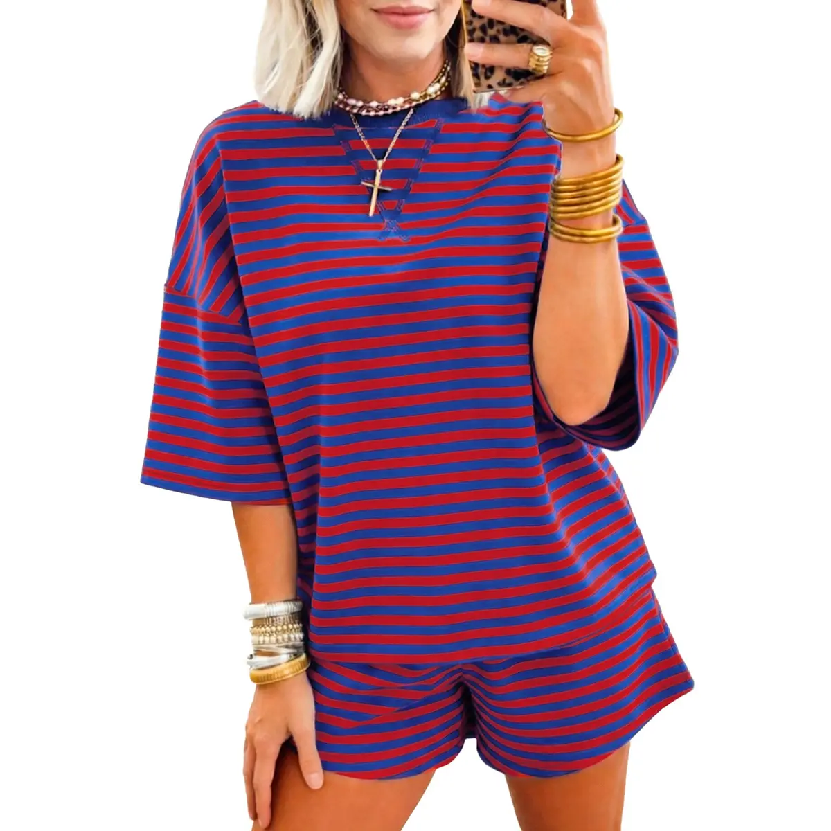 Mntaor Women's Cozy 2-Piece Ribbed Shorts Set Classic Navy Stripes Soft Cotton Blend Perfect for Lounging Sleeping or Casual Streetwear Clothes Womenswear