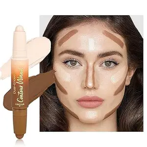 Contour Highlighter Stick，2-in-1 Dual-Ended Cream Bronzer & Highlighter Sticks Pen for Face Body Contouring Makeup- Buildable，Waterproof, Easy to Apply Suitable for Beginners，01Nuetral + Beige
