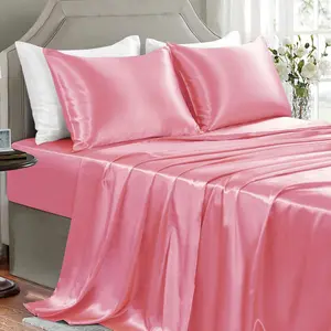 Sheets Queen Size - 4 Pieces Luxury Soft Bed Sheets, Wrinkle-Free Pink Silk Sheet Set with 1 Deep Fitted Sheet, 1 Flat Sheet, 2 Pillow