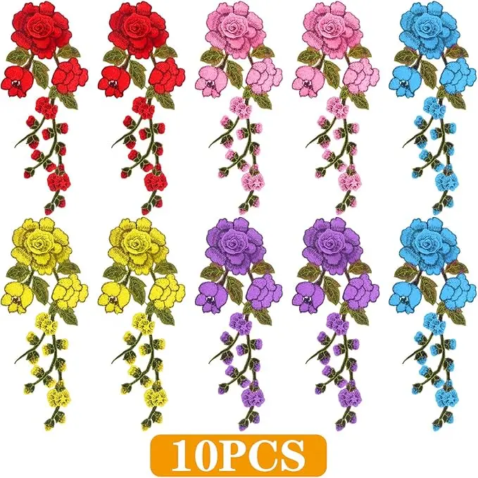 10 Pieces Decorative Flower Embroidered Sew On Patches Floral Petal Embroidery Appliques Embellishments for DIY Jeans Jackets Backpacks Clothes Sewing Crafts, 5 Colors