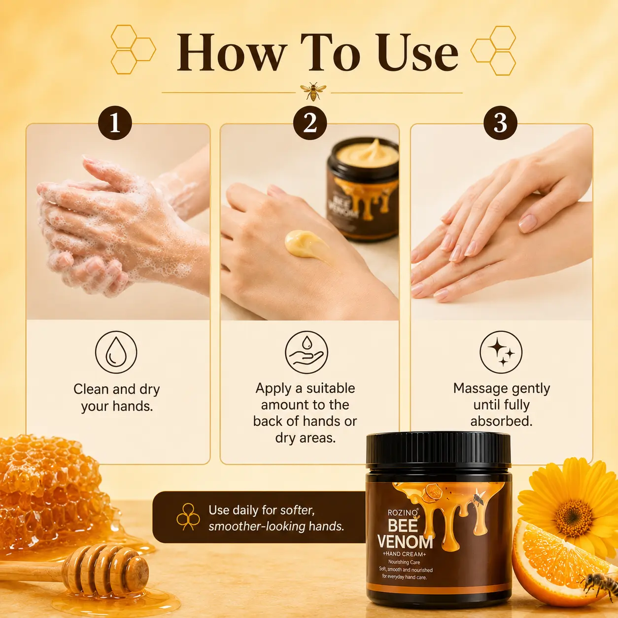 ROZINO Hand Cream with Bee Venom, Vitamin C, Niacinamide & Hyaluronic Acid - Moisturizing Hand Lotion for Dry Cracked Hands, Softening Rough Skin, Brightening Dull Hands, Fast Absorbing Non-Greasy Formula, Daily Use Hand Moisturizer - 60g/2.12 oz