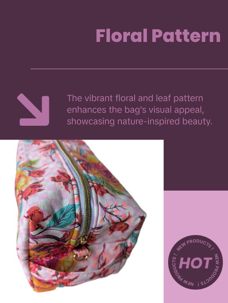 Pink Peony Anything Bag - Floral and leaf pattern with large peony motif on pink checkered background and gold colored hardware