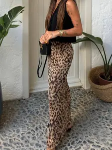 Women's Leopard Print Mesh Maxi Skirt Bottom, Womenswear Breathable Fitted Natural Waist Design, Long Fashionable Elegance Style for All Seasons, Perfect for Casual Wear