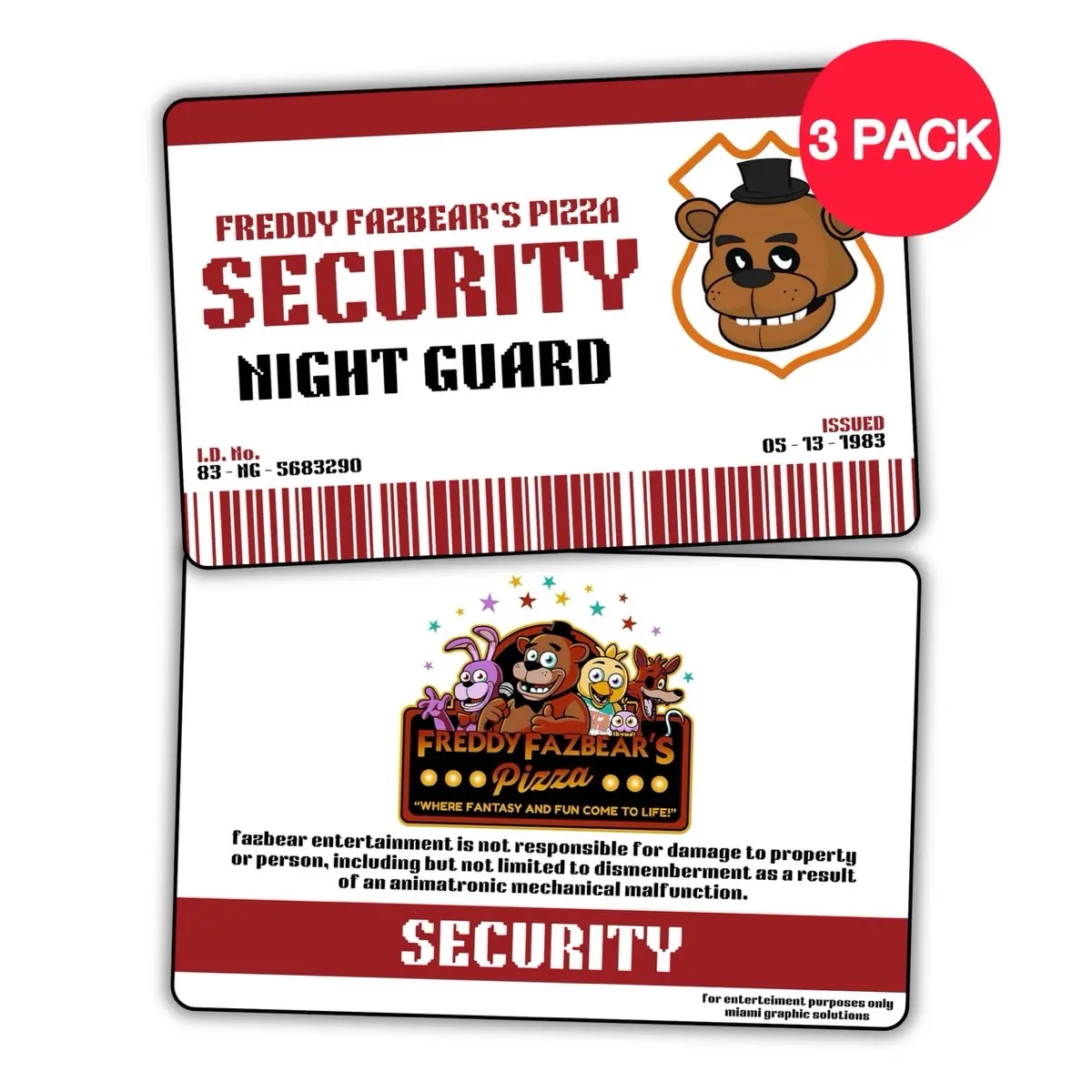Five Nights At Freddy’s Night Guard Freddy Fazbear’s Pizza ID (3 Pack)