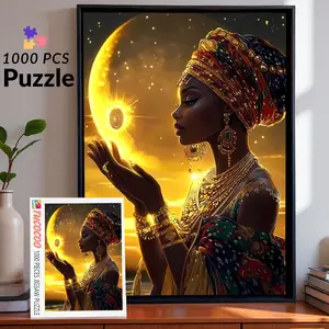 Golden Moon Goddess 1000 Pieces Jigsaw Puzzle Elegant African Woman in Moonlight Radiant Jewelry and Headwrap Art for Adults Inspiring Cultural Puzzle Meaningful Gift Family Friends Wall Decor 27.5x20inch (70x50cm)