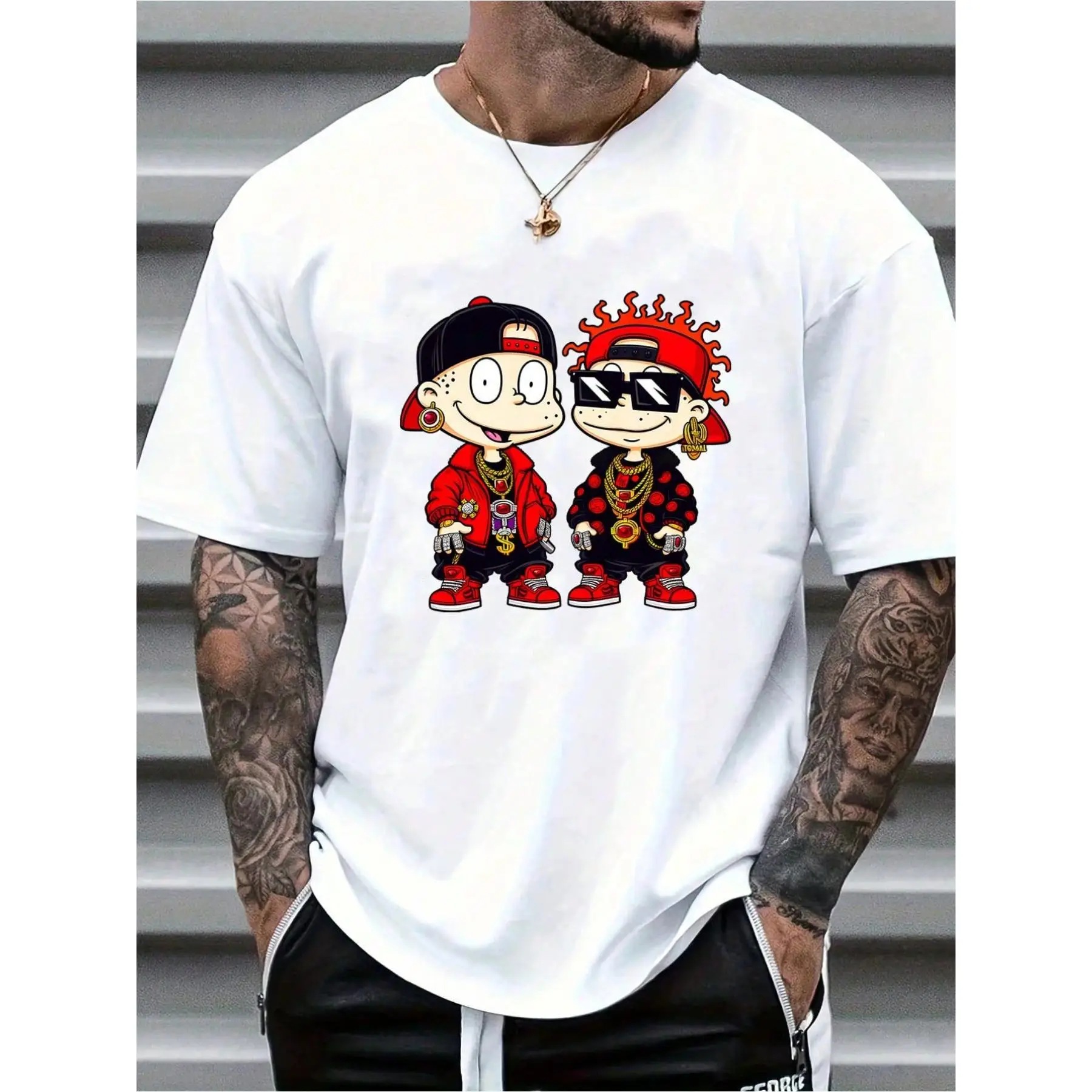 Men's Fashion Cartoon Hip Hop Print T Shirt - Casual cotton, round neck, regular fit, geometric print, machine washable - Fashionable urban wear