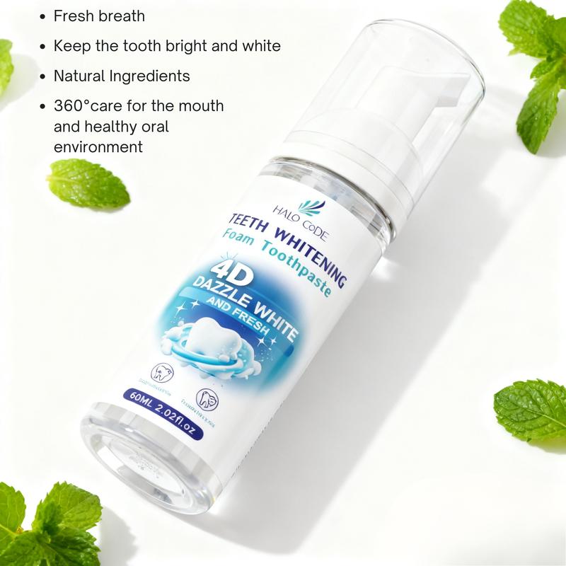 Halo Code 4D Dazzle White Foam Toothpaste for Adults Effective Oral Care Bad Breath Killer Natural Herbal Fresh Breath Teeth Whitening Fluoride-Free Mint Flavor 2-in-1 Solution 60ml