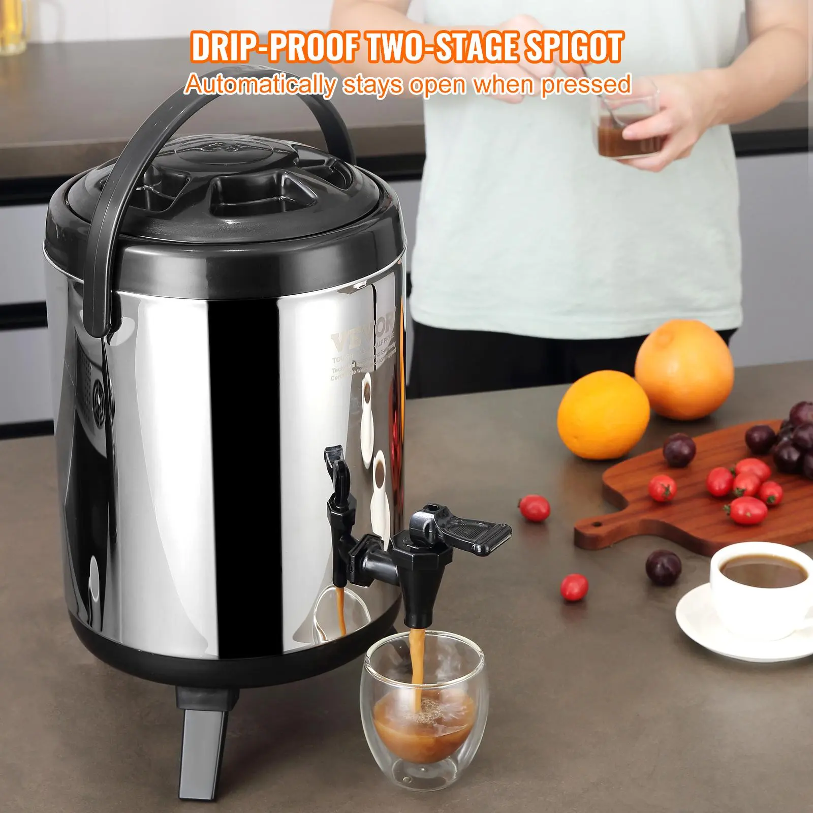 【summerfinds】VEVOR Stainless Steel Insulated Beverage Dispenser, 1.5 Gallon 6 Liter, Thermal Hot and Cold Drink Server Dispenser with Spigot Handle, Food-grade for Hot Tea Coffee Water Restaurant Drink Shop Cover Drinkware