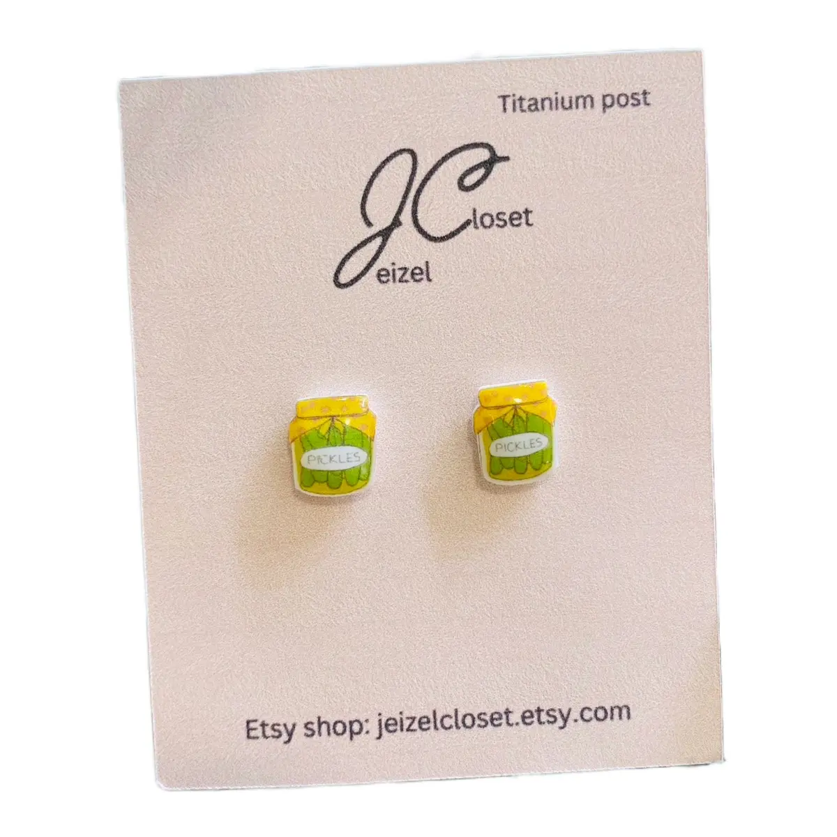 PICKLE IN A JAR stud earrings. Handmade and hypoallergenic.  Elegant