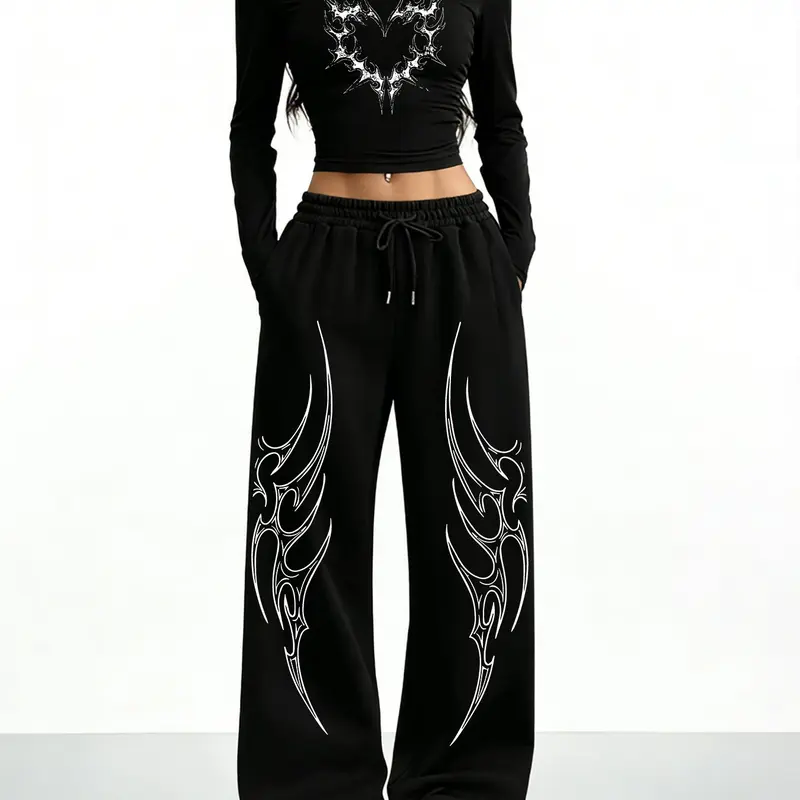 Women's Casual Two-Piece Set Outfit with Prints, Round Neck Slim Fitted Long Sleeve Top + Loose Pants, Gothic Street Style, All Seasons, Perfect Layering Choice, Womenswear Garments, Clothes, Go Out Sets, Fall Matching Sets, Two Pieces Sets