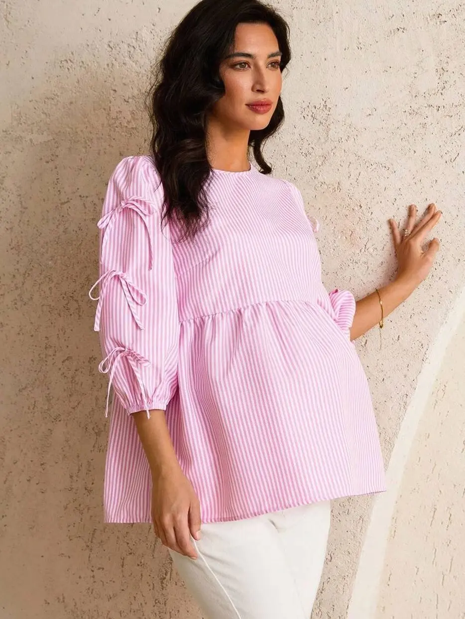 Maternity Striped Blouse - Casual Summer Top with Bowknot Detail for Work