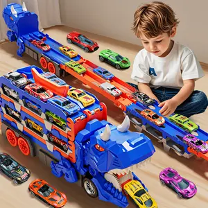 Foldable Dinosaur Race Track Set for Kids Boys Girls, 3-6 Years Old, 12 Die-Cast Car Toys, Transforming Transporter Truck, Dual Launcher, Eco-Friendly Materials, Perfect Gift for Birthday or Christmas